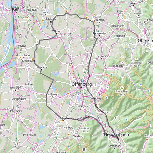 Map miniature of "The Appenweier Tour" cycling inspiration in Freiburg, Germany. Generated by Tarmacs.app cycling route planner