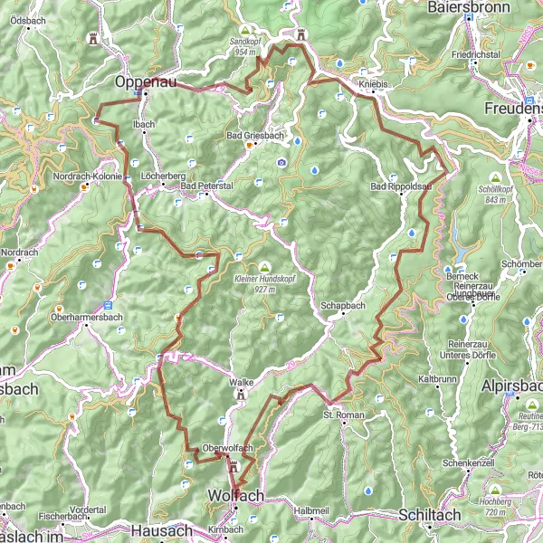 Map miniature of "Challenging Mountain Grind" cycling inspiration in Freiburg, Germany. Generated by Tarmacs.app cycling route planner