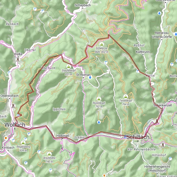 Karten-Miniaturansicht der Radinspiration "Graveltour um Wolfach entdecken" in Freiburg, Germany. Erstellt vom Tarmacs.app-Routenplaner für Radtouren