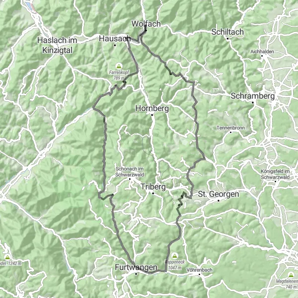 Map miniature of "Wolfach and The Black Forest Loop" cycling inspiration in Freiburg, Germany. Generated by Tarmacs.app cycling route planner