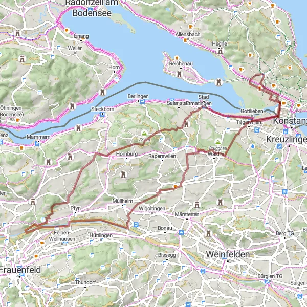 Map miniature of "The Gravel Adventure: Cycling through Scenic Routes near Wollmatingen" cycling inspiration in Freiburg, Germany. Generated by Tarmacs.app cycling route planner