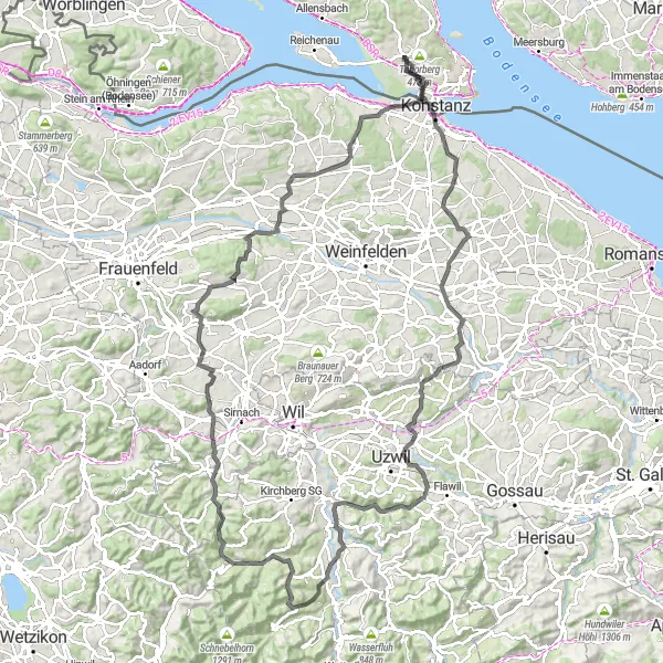 Map miniature of "Wollmatingen - Schloss Römerburg Loop" cycling inspiration in Freiburg, Germany. Generated by Tarmacs.app cycling route planner