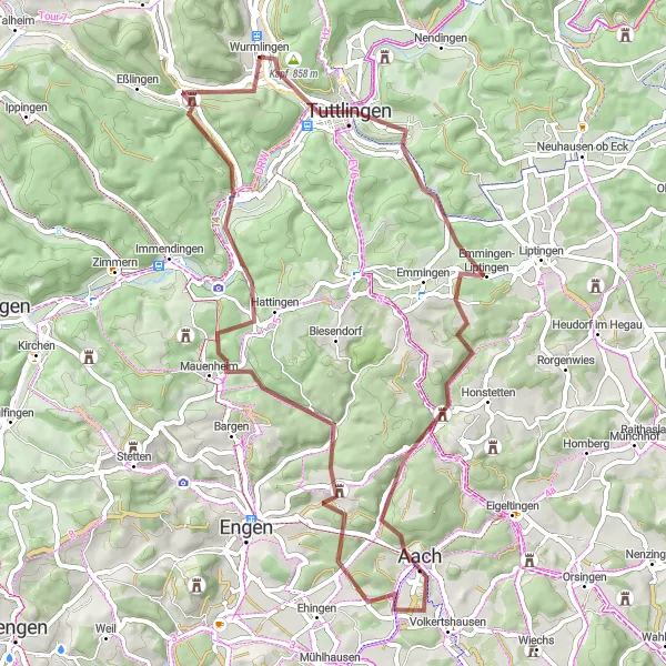 Map miniature of "The Tuttlingen Gravel Adventure" cycling inspiration in Freiburg, Germany. Generated by Tarmacs.app cycling route planner