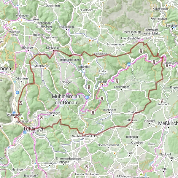 Map miniature of "Wurmlingen Gravel Adventure Tour" cycling inspiration in Freiburg, Germany. Generated by Tarmacs.app cycling route planner