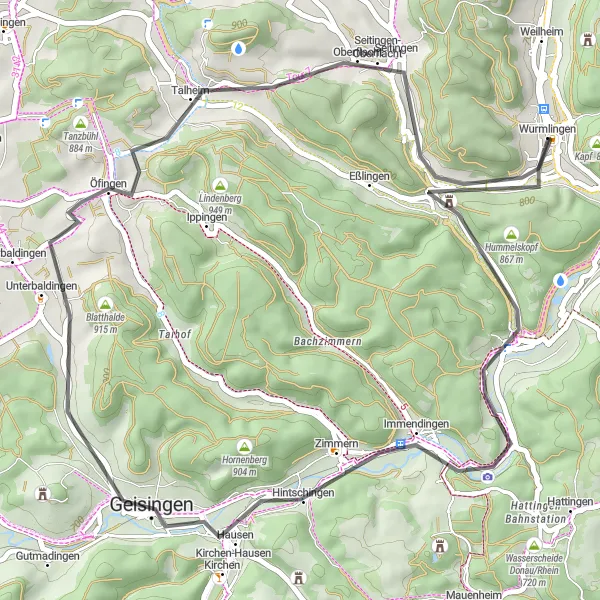 Map miniature of "Wurmlingen Scenic Road Cycling Tour" cycling inspiration in Freiburg, Germany. Generated by Tarmacs.app cycling route planner