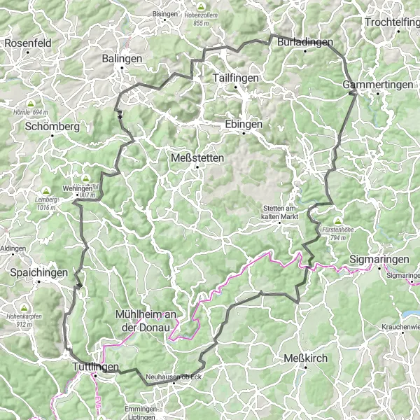 Map miniature of "The Tuttlingen Challenge" cycling inspiration in Freiburg, Germany. Generated by Tarmacs.app cycling route planner