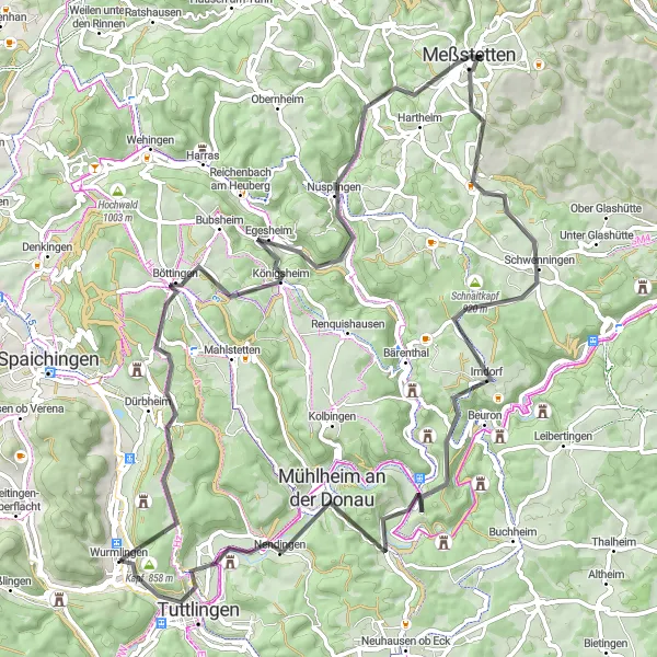 Map miniature of "From Wurmlingen to Tuttlingen: The Black Forest Adventure" cycling inspiration in Freiburg, Germany. Generated by Tarmacs.app cycling route planner