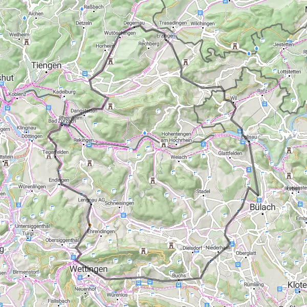 Map miniature of "Adventurous Road Cycling in Northern Switzerland" cycling inspiration in Freiburg, Germany. Generated by Tarmacs.app cycling route planner