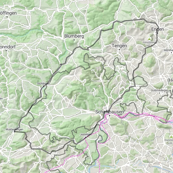 Karten-Miniaturansicht der Radinspiration "Epische Fahrt durch Stühlingen und Schaffhausen" in Freiburg, Germany. Erstellt vom Tarmacs.app-Routenplaner für Radtouren