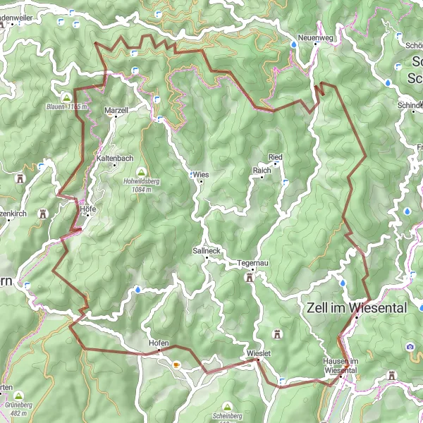 Map miniature of "The Blauen Forest Gravel Adventure" cycling inspiration in Freiburg, Germany. Generated by Tarmacs.app cycling route planner