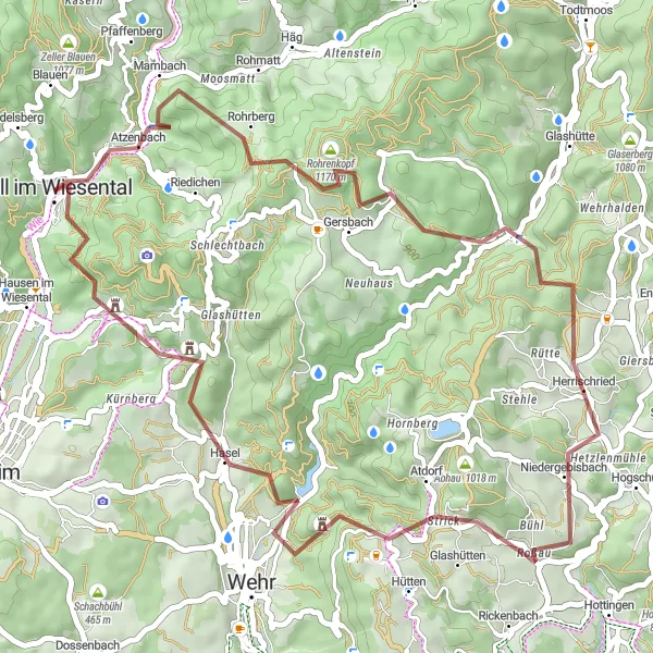 Map miniature of "Gravel Route to Atzenbach and Herrischried" cycling inspiration in Freiburg, Germany. Generated by Tarmacs.app cycling route planner