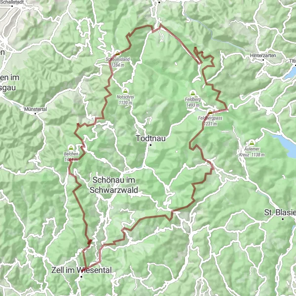 Karten-Miniaturansicht der Radinspiration "Rund um Zell im Wiesental und Schauinsland" in Freiburg, Germany. Erstellt vom Tarmacs.app-Routenplaner für Radtouren