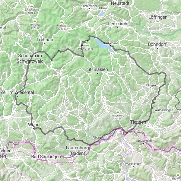 Map miniature of "Road Cycling Adventure with Schluchsee and Bettmaringen" cycling inspiration in Freiburg, Germany. Generated by Tarmacs.app cycling route planner