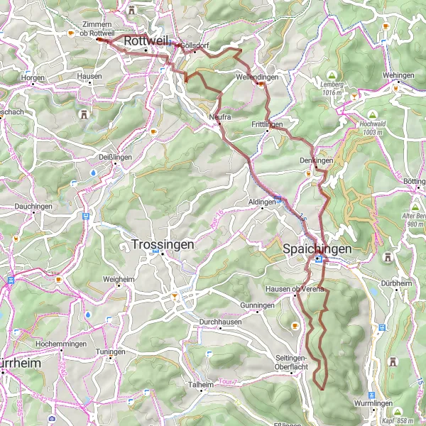 Map miniature of "Adventure through Gravel Roads near Zimmern ob Rottweil" cycling inspiration in Freiburg, Germany. Generated by Tarmacs.app cycling route planner