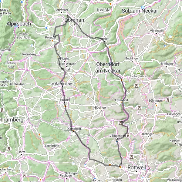 Map miniature of "Scenic Loop through Dunningen and Marschalkenzimmern" cycling inspiration in Freiburg, Germany. Generated by Tarmacs.app cycling route planner