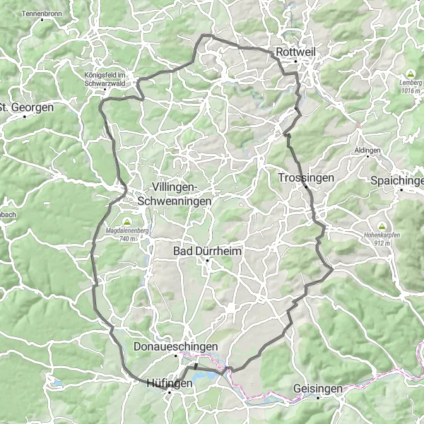 Map miniature of "Panoramic Ride through Rottweil and Surrounding Areas" cycling inspiration in Freiburg, Germany. Generated by Tarmacs.app cycling route planner