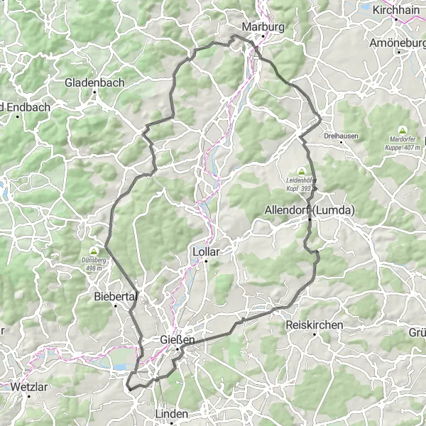 Karten-Miniaturansicht der Radinspiration "Tour zu den markanten Berggipfeln um Gießen" in Gießen, Germany. Erstellt vom Tarmacs.app-Routenplaner für Radtouren