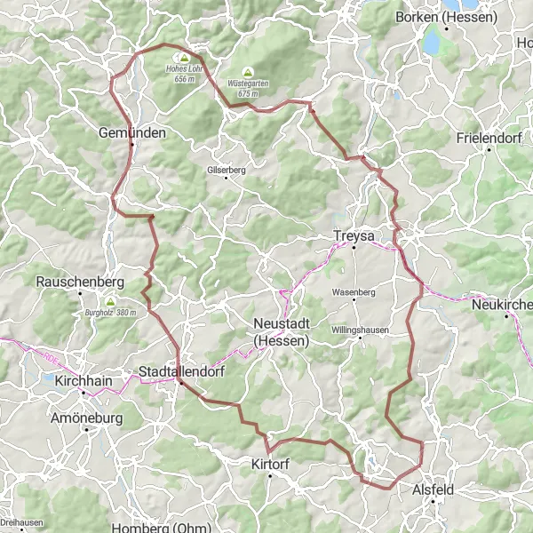 Map miniature of "Alsfeld-Gravel Adventure" cycling inspiration in Gießen, Germany. Generated by Tarmacs.app cycling route planner