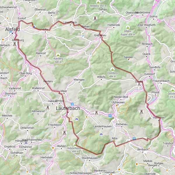 Karten-Miniaturansicht der Radinspiration "Graveltour Warthübel-Lütterz-Hühnerküppel-Lauterbach-Galgenkippel-Alsfeld" in Gießen, Germany. Erstellt vom Tarmacs.app-Routenplaner für Radtouren