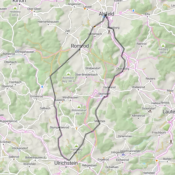 Map miniature of "Ulrichstein and Alsfeld Circuit" cycling inspiration in Gießen, Germany. Generated by Tarmacs.app cycling route planner