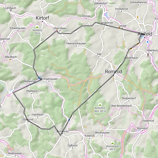 Karten-Miniaturansicht der Radinspiration "Rundtour durch Romrod-Hain-Hobertshäuser Berg-Münchenberg-Alsfeld" in Gießen, Germany. Erstellt vom Tarmacs.app-Routenplaner für Radtouren