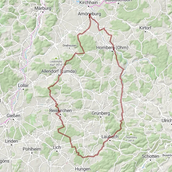 Map miniature of "The Gravel Escape" cycling inspiration in Gießen, Germany. Generated by Tarmacs.app cycling route planner