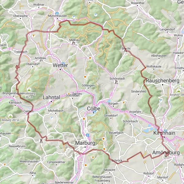 Map miniature of "The Challenging Amöneburg Gravel Adventure" cycling inspiration in Gießen, Germany. Generated by Tarmacs.app cycling route planner