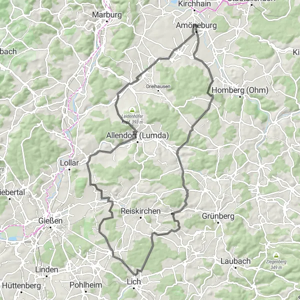 Karten-Miniaturansicht der Radinspiration "Erkundungstour durch die Umgebung von Amöneburg" in Gießen, Germany. Erstellt vom Tarmacs.app-Routenplaner für Radtouren