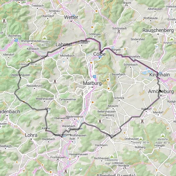 Map miniature of "Amöneburg Loop" cycling inspiration in Gießen, Germany. Generated by Tarmacs.app cycling route planner