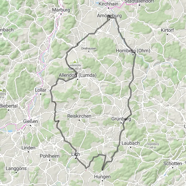 Map miniature of "The Grand Castle Circuit" cycling inspiration in Gießen, Germany. Generated by Tarmacs.app cycling route planner