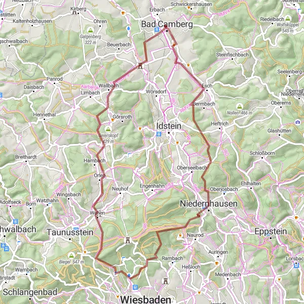 Map miniature of "Niedernhausen and Orlen" cycling inspiration in Gießen, Germany. Generated by Tarmacs.app cycling route planner