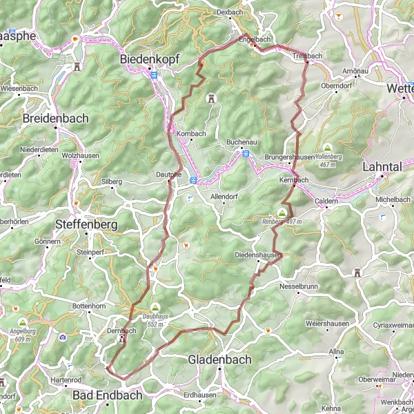 Map miniature of "Scenic Gravel Tour exploring Bad Endbach and Surrounding Villages" cycling inspiration in Gießen, Germany. Generated by Tarmacs.app cycling route planner