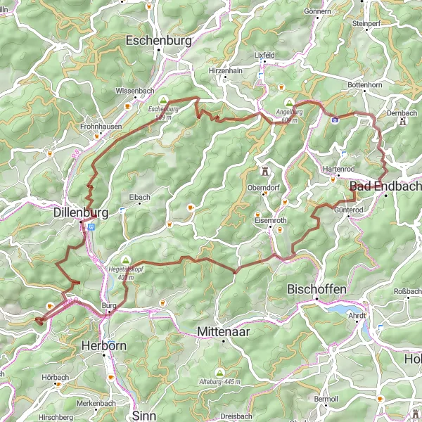 Map miniature of "Gravel Adventure through Bad Endbach and Surrounding Nature" cycling inspiration in Gießen, Germany. Generated by Tarmacs.app cycling route planner