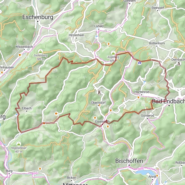 Map miniature of "Bad Endbach Gravel Adventure" cycling inspiration in Gießen, Germany. Generated by Tarmacs.app cycling route planner