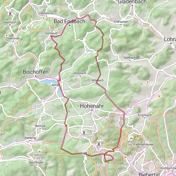Map miniature of "Picturesque Gravel Loop through Bad Endbach and Surrounding Nature" cycling inspiration in Gießen, Germany. Generated by Tarmacs.app cycling route planner