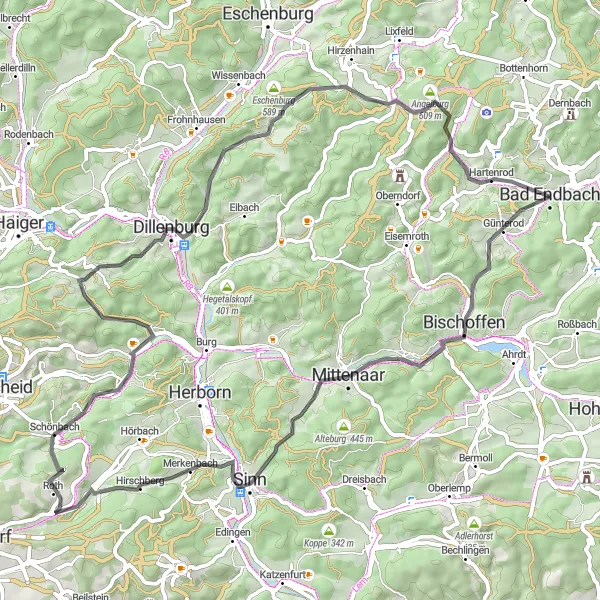 Map miniature of "Dillenburg Explorer" cycling inspiration in Gießen, Germany. Generated by Tarmacs.app cycling route planner
