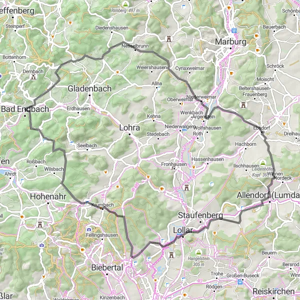 Map miniature of "Hinterland Hill Challenge" cycling inspiration in Gießen, Germany. Generated by Tarmacs.app cycling route planner