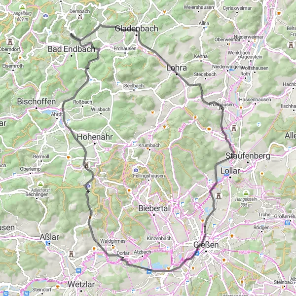 Map miniature of "Lahn Valley Explorer" cycling inspiration in Gießen, Germany. Generated by Tarmacs.app cycling route planner