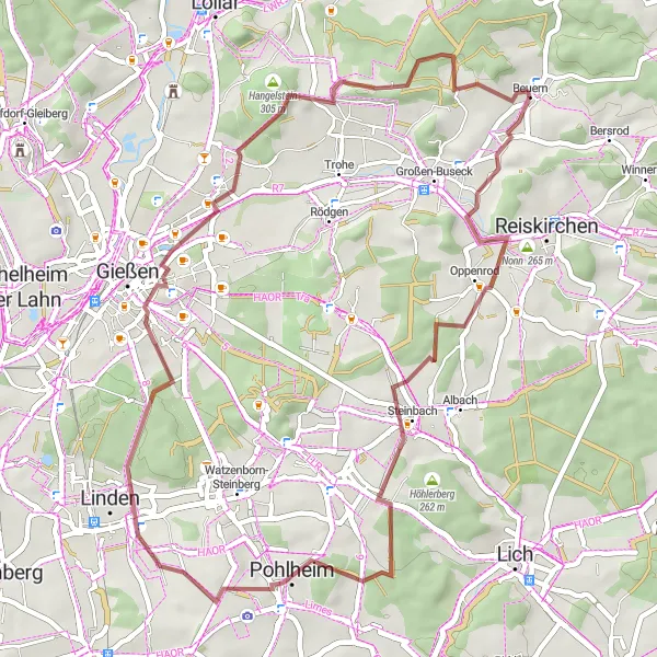 Karten-Miniaturansicht der Radinspiration "Gravel-Tour durch Gießen" in Gießen, Germany. Erstellt vom Tarmacs.app-Routenplaner für Radtouren