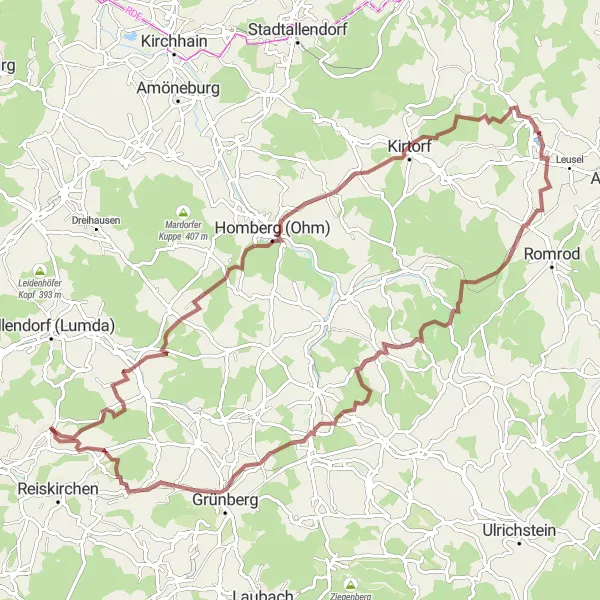 Karten-Miniaturansicht der Radinspiration "Rundtour durch Odenhausen (Lumda) und Kirtorf" in Gießen, Germany. Erstellt vom Tarmacs.app-Routenplaner für Radtouren
