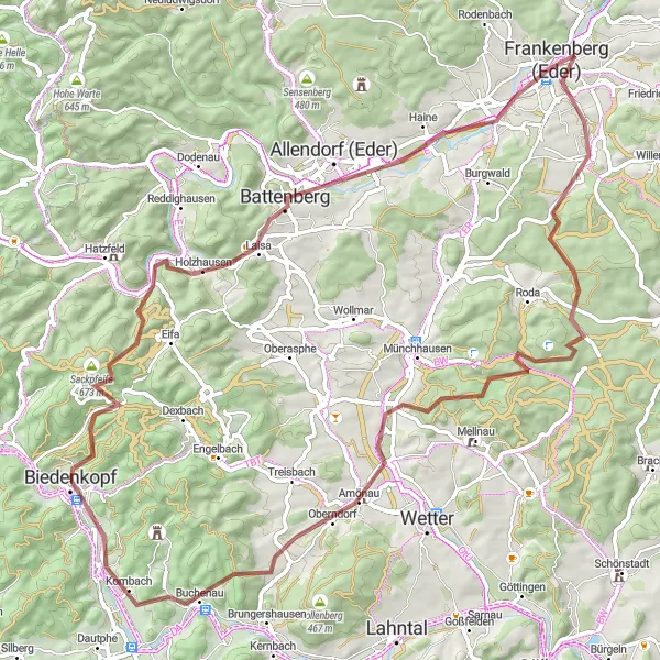 Map miniature of "Biedenkopf to Frankenberg Gravel Route" cycling inspiration in Gießen, Germany. Generated by Tarmacs.app cycling route planner