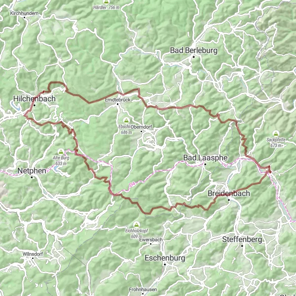 Map miniature of "Gravel Adventure in the Heart of Germany" cycling inspiration in Gießen, Germany. Generated by Tarmacs.app cycling route planner