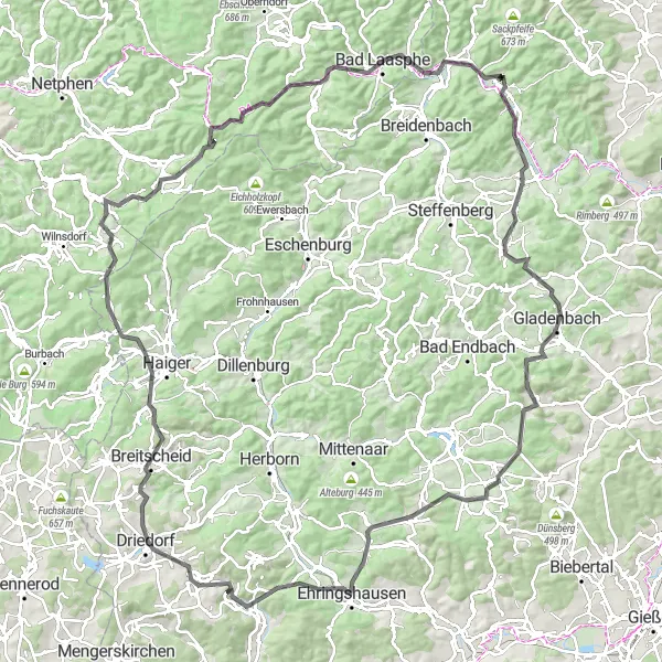 Map miniature of "The Hills of Biedenkopf" cycling inspiration in Gießen, Germany. Generated by Tarmacs.app cycling route planner