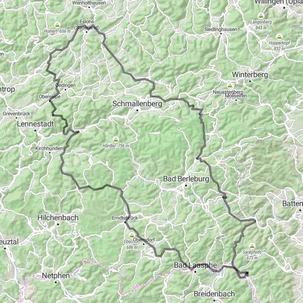 Map miniature of "Biedenkopf to Hatzfeld Road Adventure" cycling inspiration in Gießen, Germany. Generated by Tarmacs.app cycling route planner