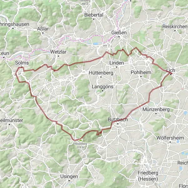 Karten-Miniaturansicht der Radinspiration "Landschaftliche Schönheiten: Solms und Lützellinden Rundkurs" in Gießen, Germany. Erstellt vom Tarmacs.app-Routenplaner für Radtouren