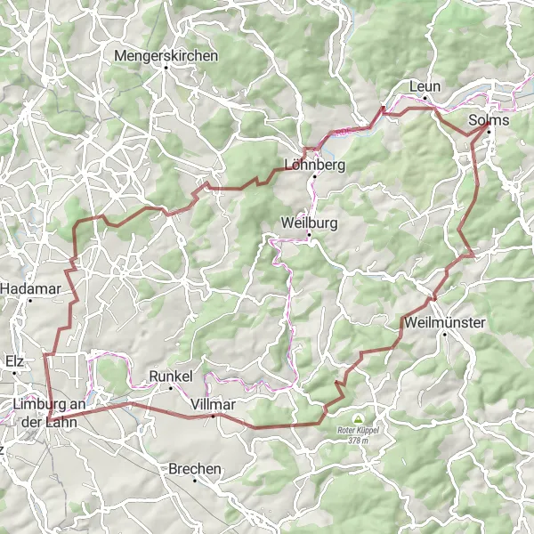 Map miniature of "Gravel Adventure - Braunfels to Leun" cycling inspiration in Gießen, Germany. Generated by Tarmacs.app cycling route planner