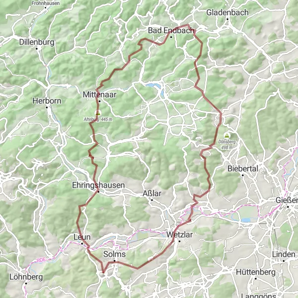 Map miniature of "Gravel Adventure through Braunfels" cycling inspiration in Gießen, Germany. Generated by Tarmacs.app cycling route planner