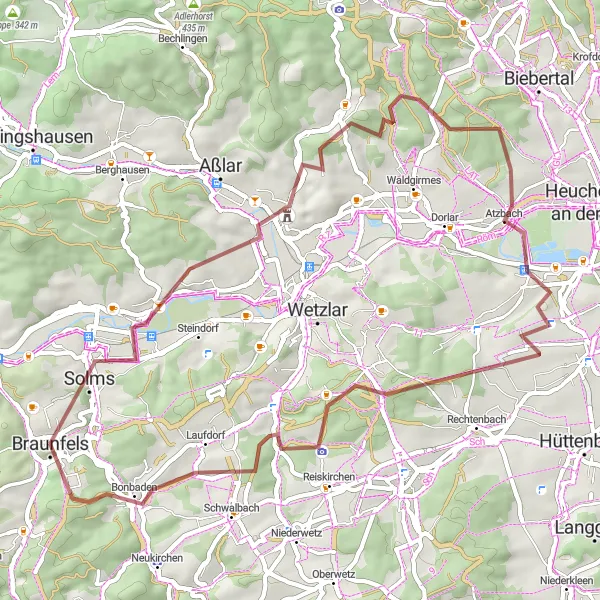 Map miniature of "Gravel Adventure: Solms and Beyond" cycling inspiration in Gießen, Germany. Generated by Tarmacs.app cycling route planner