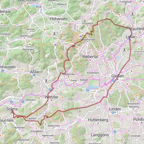 Map miniature of "Wetzlar and Dünsberg Gravel Adventure" cycling inspiration in Gießen, Germany. Generated by Tarmacs.app cycling route planner