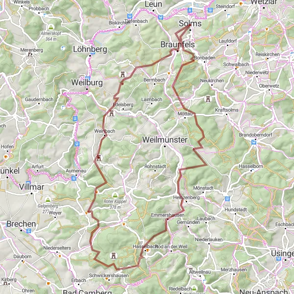 Map miniature of "Winding Gravel Adventure" cycling inspiration in Gießen, Germany. Generated by Tarmacs.app cycling route planner